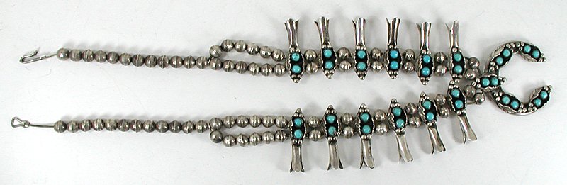 Vintage sterling silver and turquoise squash blossom necklace 24 inch
