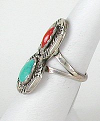 Navajo Sterling Silver  Turquoise and Coral ring