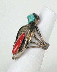 Navajo Sterling Silver  Turquoise and Coral ring