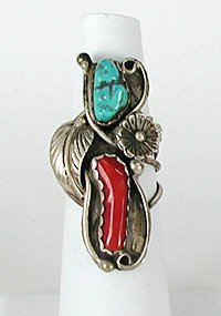 Navajo Sterling Silver  turquoise and coral  ring