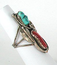 Navajo Sterling Silver  turquoise and coral  ring