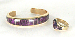 Authentic Native American 14K Gold Charoite bracelet and Ring set by Isleta artisan Pete Sanchez