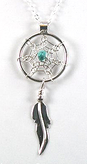 Native American Sterling Silver Turquoise Dreamcatcher Pendant