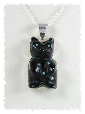 Native American Zuni  Sterling Silver, Jet and Turquoise hand carved bear fetish pendant