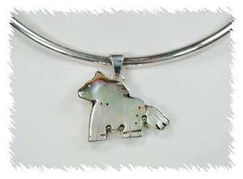 Native American Zuni  Sterling Silver, Mother of Pearl and Turquoise hand carved Horse fetish pendant