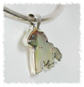 Native American Zuni  Sterling Silver, Mother of Pearl and Turquoise hand carved Horse fetish pendant