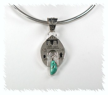 Native American Navajo  Sterling Silver Storyteller Turquoise pendant