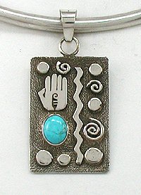 Native American Navajo  Sterling Silver turquoise symbols pendant