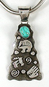Native American Navajo  Sterling Silver turquoise symbols pendant
