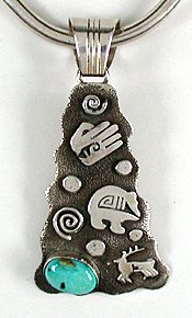 Native American Navajo  Sterling Silver turquoise symbols pendant