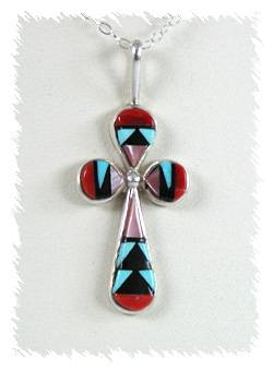 Hand made Native American Indian Jewelry Zuni Sterling Silver Inlay Cross  pendant
