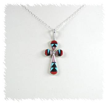 Hand made Native American Indian Jewelry Zuni Sterling Silver Inlay Cross  pendant