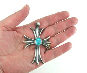Authentic Native American Sterling Silver and Turquoise Cross pendant by Navajo Harrison Bitsui