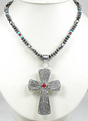 Aunthentic Native American Navajo  Indian Sterling Silver Turquoise and Coral Reversible Cross Pendant Necklace