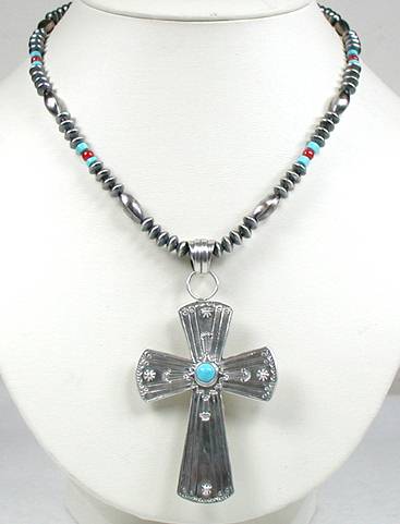 Aunthentic Native American Navajo  Indian Sterling Silver Turquoise and Coral Reversible Cross Pendant Necklace