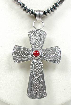 Aunthentic Native American Navajo  Indian Sterling Silver Turquoise and Coral Reversible Cross Pendant Necklace
