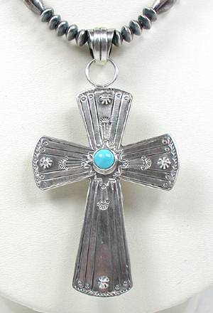 Aunthentic Native American Navajo  Indian Sterling Silver Turquoise and Coral Reversible Cross Pendant Necklace