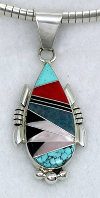Native American Zuni Sterling Silver  and Inlay Fish  Pendant