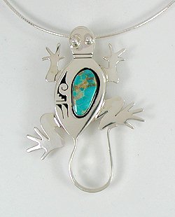 Hand made Native American  Navajo Indian Jewelry; Navajo Sterling Silver Turquoise Lizard pin pendant