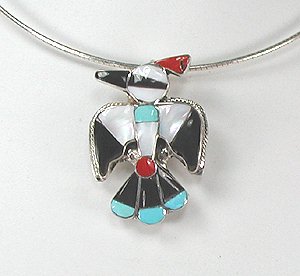 Native American Zuni Sterling Silver  inlay Thunderbird Pendant