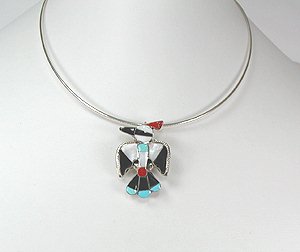 Native American Zuni Sterling Silver  inlay Thunderbird Pendant