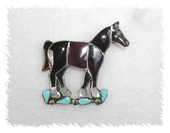 Hand made Native American Indian Zuni Sterling Silver Horse Inlay Pin Pendant