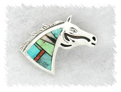 Native American Indian Navajo Stone Inlay Horse Head Pin Pendant 
