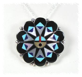 Hand made Native American  Zuni Indian Jewelry; Navajo Sterling Silver Sunface Gods Eye pin pendant