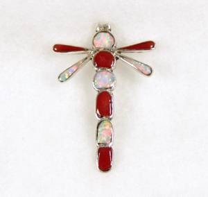 Zuni Inlay Dragonfly Pin of coral and opal.