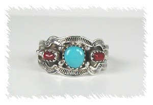 Navajo Turquoise and Coral Sterling Silver  Ring