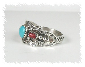 Navajo Sterling Silver Turquoise Coral Ring