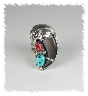 Navajo Bearclaw Sterling Silver Turquoise Coral Ring