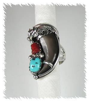 Navajo Bearclaw Sterling Silver Turquoise Coral Ring