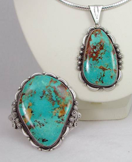 Tuquoise Mountain Bracelet and Pendant set made by Native American Indians, Sterling Silver