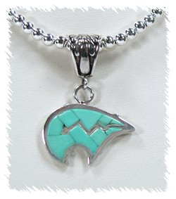 Hand made Native American Indian Jewelry; Navajo Sterling Silver Turquoise Bear Necklace and Earrings
