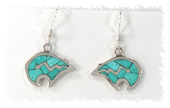 Hand made Native American Indian Jewelry; Navajo Sterling Silver Turquoise Bear Necklace and Earrings