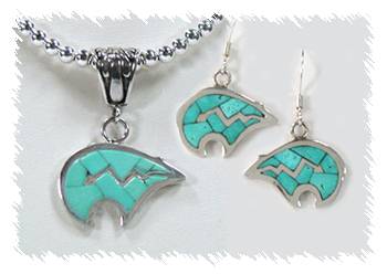 Hand made Native American Indian Jewelry; Navajo Sterling Silver Turquoise Bear Necklace and Earrings