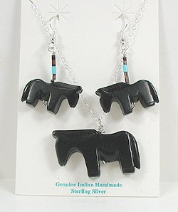 Navajo  Sterling Silver Stone fetish pendant and earrings