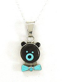 Navajo  Sterling Silver turquoise bow tie bear pendant and earrings
