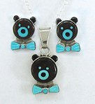Navajo  Sterling Silver turquoise bow tie bear pendant and earrings