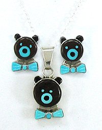 Navajo  Sterling Silver turquoise bow tie bear pendant and earrings