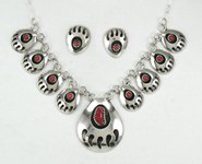 Navajo  Sterling Silver coral bear paw pendant and earrings
