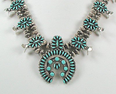 Native American Zuni Indian Needlepoint turquoise squash blossom necklace and earrings