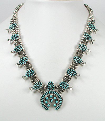 Native American Zuni Indian Needlepoint turquoise squash blossom necklace and earrings