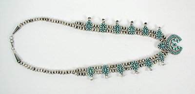 Native American Zuni Indian Needlepoint turquoise squash blossom necklace and earrings