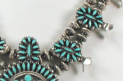Native American Zuni Indian Needlepoint turquoise squash blossom necklace and earrings