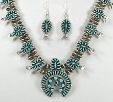 Native American turquoise squash blossom necklace and earrings set