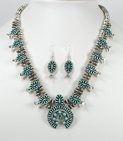 Native American Zuni Indian Needlepoint turquoise squash blossom necklace and earrings