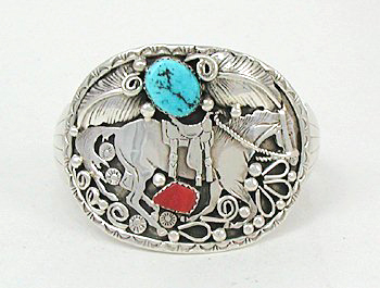 Native American Navajo Indian Needlepoint turquoise and coral horse buckle and bracelet set