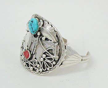 Native American Navajo Indian Needlepoint turquoise and coral horse buckle and bracelet set